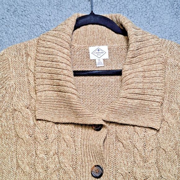 St Johns Bay Womens XL Cable Knit Fisherman Cardigan Pockets Beige Classy Cozy - Picture 2 of 10